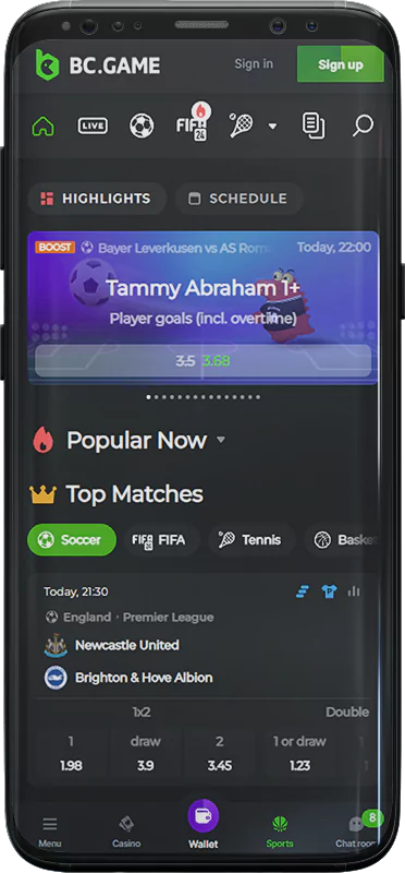 Screenshot of the BC Game app betting section