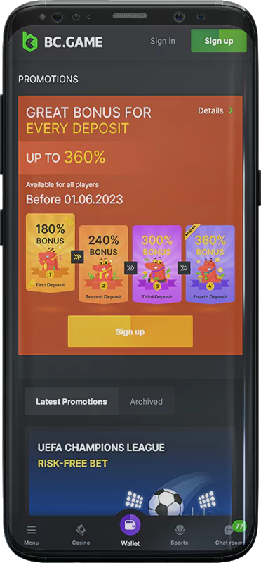 Screenshot of the BC Game app bonus page