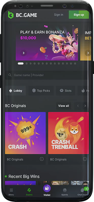 Screenshot of the BC Game app Casino section