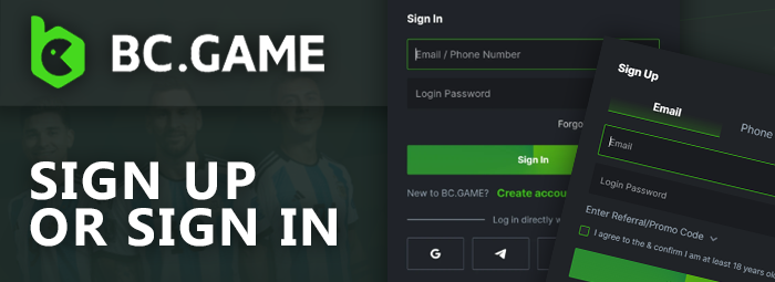 Sign up for BC Game or log in to your account
