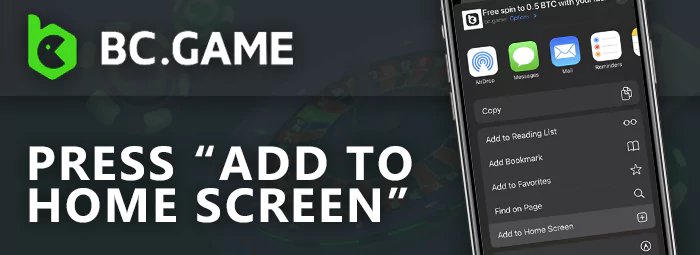 Select "Add to home screen" to add the BC Game shortcut
