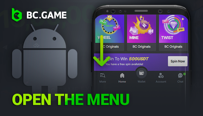 Open the menu on the BCGame website