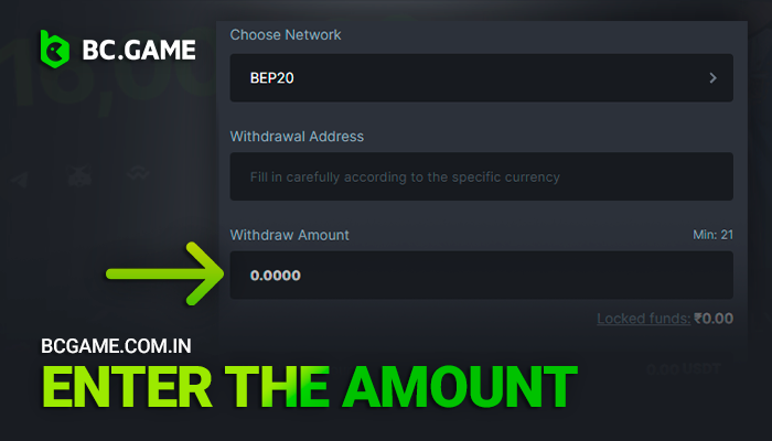Enter the amount of withdrawal from BCGame wallet
