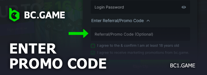 Enter the code during BC.Game account registration