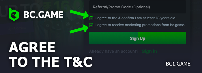 Agree to the BC.Game terms and conditions when registering