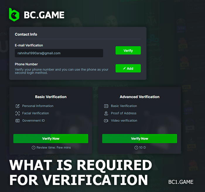 Verification process on the BC Game site - how to confirm identity